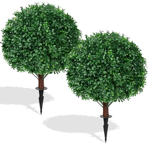 EverNature 2Pack Artificial Boxwood Topiary Ball Trees, 16'' UV Resistant Fake Evergreen Shrubs Bushes Plants with Ground Spike, Fake Plants for Outdoor Indoor Front Porch Garden
