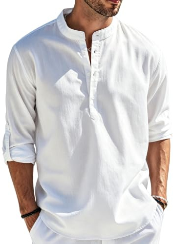 Cegerne Chemise en Lin Homme Manches Longues Chemise Été Légère Respirante Henley Casual pour Vacances Plage