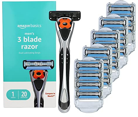 Amazon Basics 3-Blade Motion Sphere Razor for Men with Dual Lubrication, Pivoting Head for Comfortable Shave, Handle & 20 Cartridges, 21 Piece Set, Black (Previously Solimo)