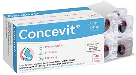 Vitaminas Embarazo con Ácido Fólico | Folato Activo, Hierro, Omega-3, Vitaminas y Nutrientes | Fertilidad Mujer | Pastillas Embarazo para Concepción, Gestación y Lactancia | 40 Cápsulas | Concevit