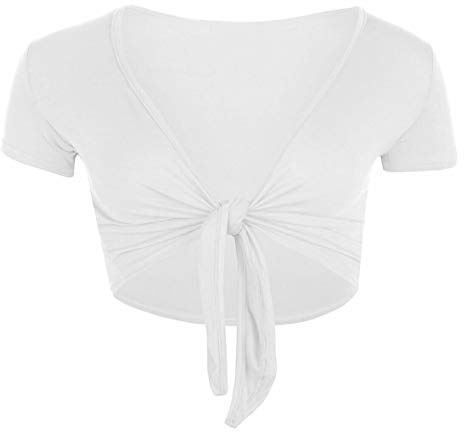 FAIRY TRENDZ LTD Ladies Casual Tie Up Crop Top Womens Short Sleeve Stretch Open Top Womens Casual Open Front Bolero Shrug (White UK 8-10)
