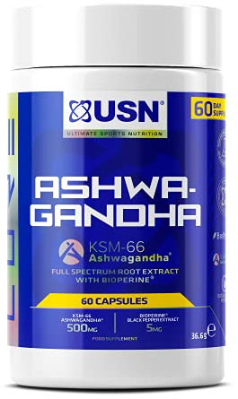USN Ashwagandha, KSM-66 Dietary Supplement - 60 Capsules, Premium Natural Stress Relief Supplement, Added Bioperine to Aid with Absorption, Daily Dietary Supplement