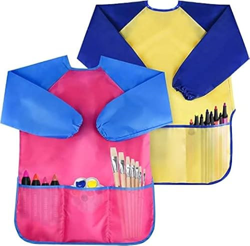 WitBicg Malkittel Kinder, 2 Stücke Malschürze, Malerkittel Für Schulkinder, Painting Apron Mit 3 Taschen Für 2-8 Jahre, Schützt Vor Staub Und Farbe (Gelb+Rot)