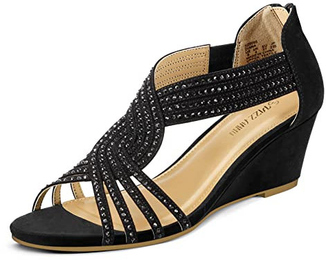 PIZZ ANNU Sandalen Damen Glitzer Strass Sandaletten mit Keilabsatz Reißverschluss Plateau Sommer Frauen Schuhe Keilsandalen Elegant Bequem Sommerschuhe Schwarz EU 38