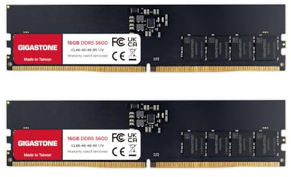 【DDR5 RAM】 Gigastone RAM de Bureau 32Go (2x16Go) DDR5 32Go DDR5-5600 MHz PC5-44800 Non tamponné Non ECC 1,1 V CL46 288 Broches UDIMM Mémoire RAM
