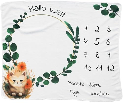 kreativherz - Premium Baby Meilenstein Decke Tier-Motiv „Katze“ 120x100cm extra Weich - Meilensteindecke Monatsdecke nach OekoTex geprüft - Babydecke Zahlen 1-12 mit Tage, Woche, Monate und Jahre