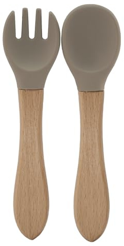 BABYZOCO Cubiertos Bebe Cuchara y Tenedor, Cubiertos aprendizaje bebe, Cubiertos de iniciación, Silicona Grado Alimentario Sin Bpa, Antibacteriana, A partir de 6 meses, Silicona y madera, gris