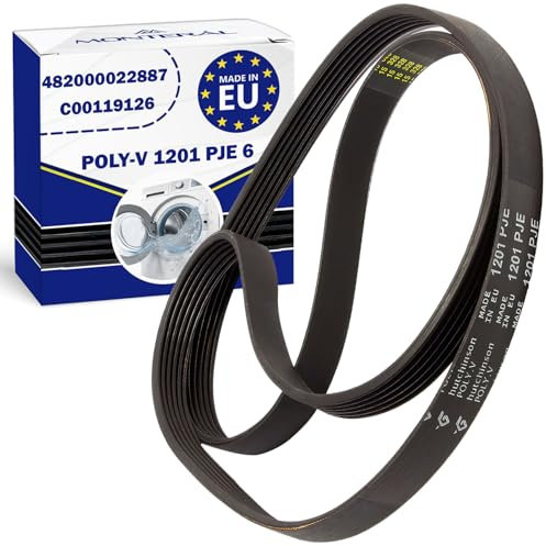 Courroie Machine a Laver Poly-V 1201 PJE 6 avec le Code Original 482000022887 C00119126 pour Whirlpool pour Ariston pour Indesit - MADE IN EU - Garantie de 10 Ans - MONTERAL