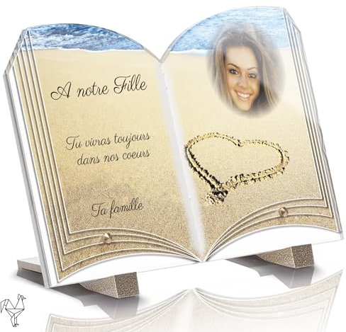 Plaque Funéraire Livre Personnalisée - Coeur Sable - Textes Photo Personnalisables, Plusieurs Lignes - Résistante aux Intempéries et Traitée Anti UV (15x10 cm (Petit))