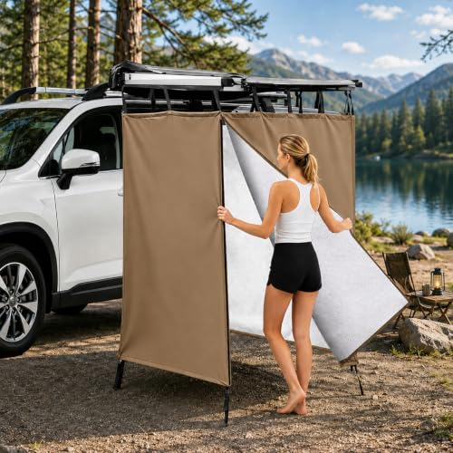 Awning Shower Tent Car Outdoor Portable Camping Shower Tent Car Side Shower Room Privacy Shelter Restroom Vehicle Side Shower Bathroom for RV, Van, Truck, Waterproof, ‎Light Brown