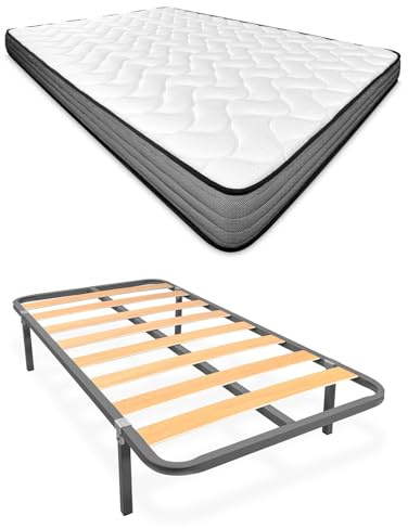 Homey - Cama Completa con Colchón Andrea (Cara Invierno/Verano) + Somier Basic con 4 Patas Abrazadera, 90 x 190
