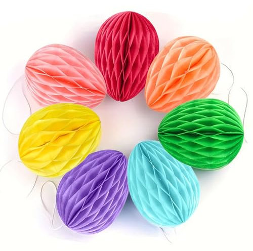 KEELYY 7x Ostereier aus Seidenpapier zum Aufhängen, Ostern Deko Ostereier Papier Wabenbälle, Osteranhänger Eier aus Papier, Wabeneier Ostern zum Aufhängen, 10x8cm