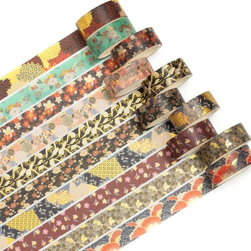 Songdao Sakura 10 rullar Washi-tejp för japansk konst, guldfolie silverfolie för gör-det-själv-hantverk, barn, scrapbooking, gör-det-själv, presentförpackning (evig blomma)
