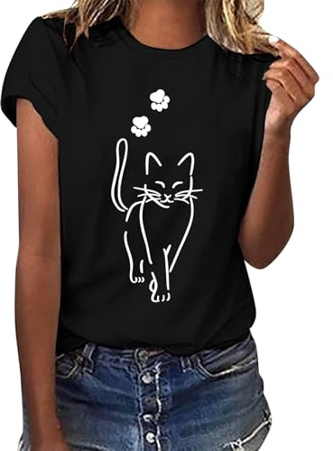 TOMEEK T Shirt Donna Cotone Maglietta Nera a Collo Tondo Magliette Donna a Manica Corta con Stampa Casual T-Shirt Moda Comodo Tops,Gatto,M