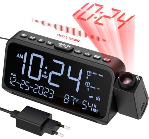 ROCAM Radio-Réveil Projecteur de Plafond avec Projection 180°, Radio FM, Double Alarme avec Mode Jour Ouvrable/Week-End, Répétition, Ports de Chargement, Variateur, Température, Humidité, Veilleuse