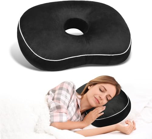 Babyezz Ear Piercing Pillow for Side Sleepers with Ear Hole for CNH and Ear Pain Ear Inflammation Pressure Points Cotton and Polyester Filling Washable and Adjustable (Black)