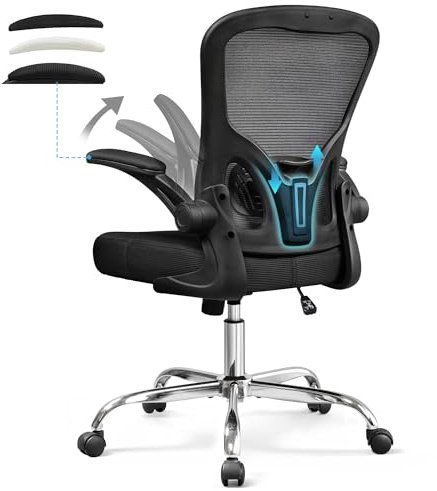 DEVAISE Ergonomic Office Chair with 90° Flip-up Armrest, Lumbar Support, Home Office Chair with Padded Seat Cushion, Height Adjustable, 360° Rotation, Mesh Backrest for Home/Office, Black