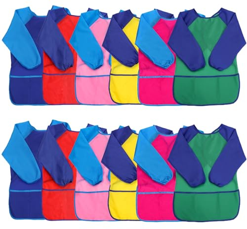 MissOwl 12 Pack Kids Art Smock with Long Sleeve 3 Roomy Pockets Artist Children Aprons for Toddlers Age 3-8 Painting Crafts