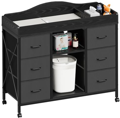 Yetom Changing Table, 6-Drawer Baby Dresser with Changing Table top,Waterproof Diaper Changing Station & Pad, 2 Height-Adjustable Open Storage Shelves, Mobile Nursery Organizer, Black