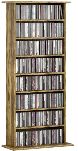 HOMCOM 360 CD/185 DVD Storage Unit 6 Adjustable Shelves Rustic Brown | 185 Blu-ray Media Storage Shelf, 8 Compartments, CD Tower, for Living Room, Bedroom, Office