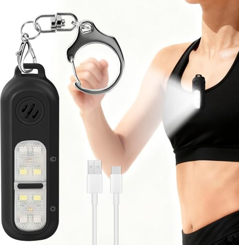 Ainiv Persönlicher Sirenen, Schlüsselanhänger mit Alarm, 130DB Extra Laute Sirene mit 4 Leuchtmodi und Blinklicht Taschenalarm für Radfahren, Laufen, Arbeit, Camping und Notfälle (Schwarz)