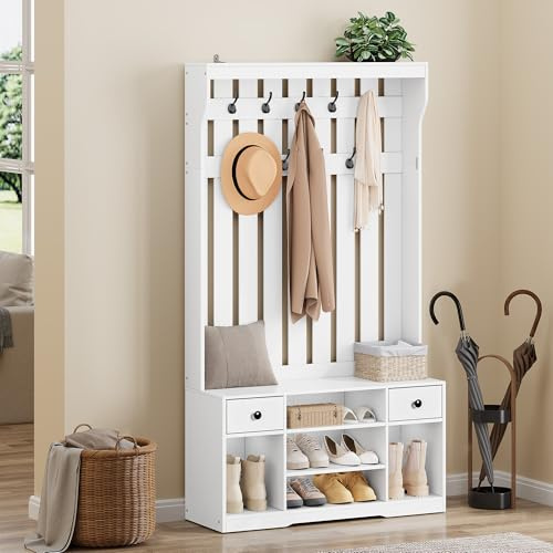 YITAHOME Appendiabiti, Appendiabiti da Terra con Scarpiera, Mobile Ingresso con 9 Ganci e Panca Contenitore, Mobili da Ingresso per Corridoio, 2 Cassetto in tessuto, 100x35x180 cm, Bianco