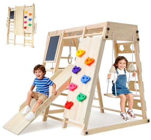 SPYLAVE Maxi estructura de escalada para interiores a partir de 1 año, estructura plegable de madera, 10 en 1, parque infantil Montessori interior con pizarra, columpio, tobogán, pared de escalada