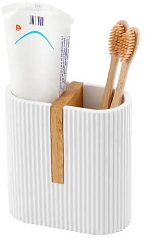 BelleFlair Soporte para Cepillos de Dientes Blanco Mate con Separador de Bambú, Estilo Minimalista Vaso Dentífrico Acanalado, Organizador de Baño para Cepillos de Dientes Eléctricos, para Diseño