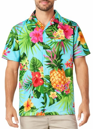 King Kameha Funky Hawaii-skjorta för män, kortärmad, frontficka, Hawaii-tryck, ananas, palmer och blommor, Turkos, 3XL