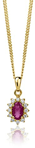 MIORE Schmuck Damen 0.07 Ct Diamant Kette mit Anhänger Blume aus Edelstein Geburtsstein natürlicher ovaler roter Rubin mit 12 Brillanten klassische Kette aus Gelbgold 9 Karat 375 Gold, 45 cm lang