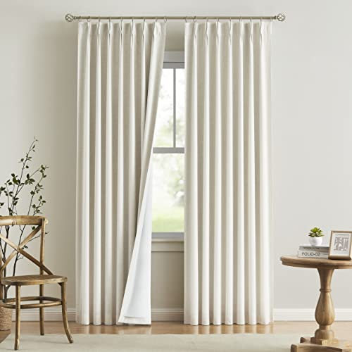 Vision Home Natural Pinch Pleated Full Blackout Curtains Linen Blended Room Darkening Window Curtains 95 inch for Living Room Bedroom Thermal Insulated Pinch Pleat Drapes with Hooks 2 Panel 40Wx95L