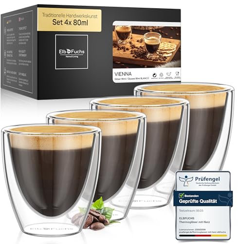 ElbFuchs® Doppelwandige Espresso Gläser [4x 80ml in GASTRO-QUALITÄT] Espressotassen Set | Thermogläser doppelwandig | Ausgefallene Espressotassen Glas ohne Henkel für alle Espressomaschinen