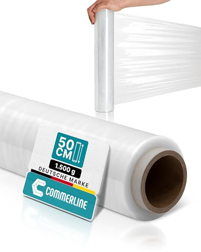 Commerline Transparent Stretchfilm | 1 Rulle - 50 cm, 1500 g, 230 m | Plastfolie & Skyddsfilm för Flytt, Möbler och Pall | Förpackningsfilm & Wrapfilm