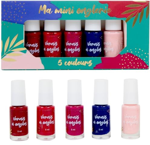 French Tendance - Coffret Vernis a Ongle - 5 Vernis Rouge, Rose, Bleu - Pour Femme, Adolescente, Fille - Kit Manucure Classique - Cadeau Anniversaire Coffret Vernis Mini Onglerie