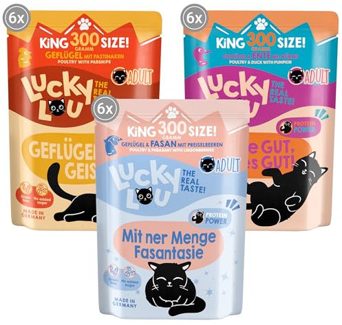 Lucky Lou Adult Mix-Paket Katzenfutter nass - 18 x 300g - hochwertiges Katzenfutter mit viel Protein - Nassfutter getreidefrei & ohne Zucker