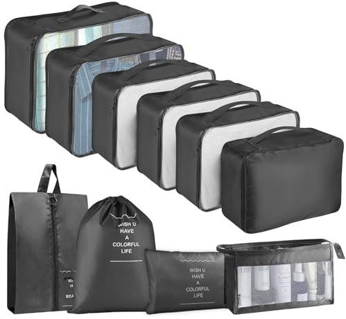 Koffer Organizer Set, 10 Stück Packing Cubes for Suitcase Travel Accessories Kofferorganizer Set Kleidertaschen Packwürfel Kosmetik Travel Organizer Packtaschen für Koffer (Schwarz)