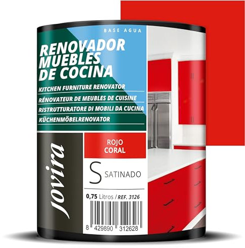 JOVIRA PINTURAS Pintura Renovadora para Muebles de Cocina, acabado satinado al agua. Especial para renovar muebles de cocina, puertas, baños, etc. (750 Mililitros, Rojo Coral) K-35A