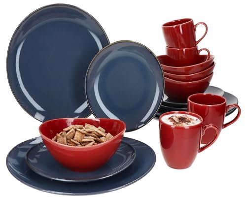 MÄSER Natural - Servizio da tavola da 16 pezzi, per 4 persone, colore: blu e rosso, con 4 tazze da caffè da 270 ml, ciotole da 400 ml, piatti da torta e piatti piani, colazione, pranzo e caffè