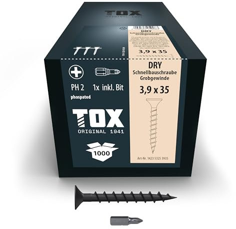 TOX Tornillos para cartón yeso DRY GG 3,9 x 35 mm, magazinados para montaje rápido con destornillador de cargador, rosca gruesa, cartón yeso sobre subestructura de madera, 1000 piezas, 142353253935