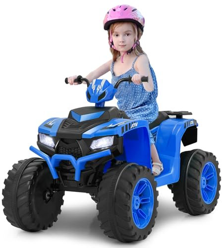 COSTWAY 24V Elektro Kinderquad, Elektroquad mit drahtloser Verbindung, Musik, Radio, Profilreifen, LED-Leuchten, 2 Geschwindigkeiten, Elektro Quad für Kinder von 3 bis 8 Jahren (Blau)