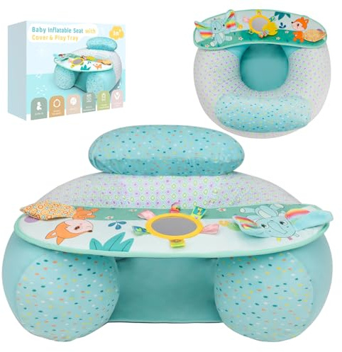 Blublu Park Inflatable Baby Chair with Cover for Babies 3-36 Months, Portable Baby Sit Me Up Floor Seat with Detachable Activity Sensory Tray, Babies Seats for Sitting up, Green