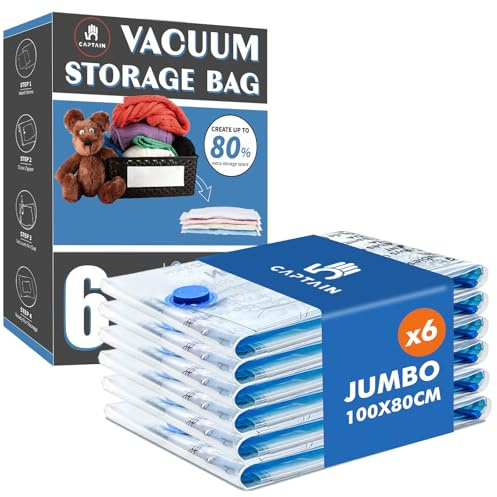 CaptainFive Bolsas Vacio Ropa Grandes XXL 6 Piezas 100x80 cm, Bolsas de Almacenaje al Vacio para Edredones, Mantas, Almohadas, Ropa de Cama y Ropa de Invierno