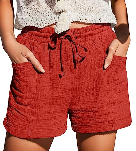 Summer Shorts for Women UK Solid Drawstring Summer Shorts with Pockets Ladies Elastic Waist Tracksuit Bottoms Loose Casual Pants Prime with Day T Shirt Red