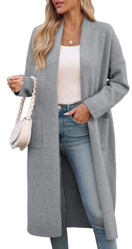 Saodimallsu Womens Extra Long Cardigan Sweaters Oversized Chunky Knit Open Front Long Sleeve Casual Duster Coat with Pockets Light Grey