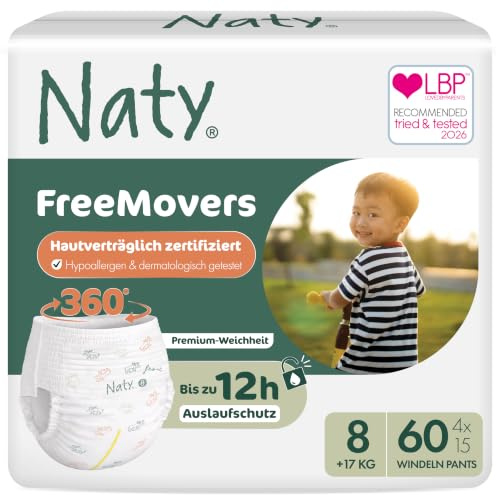 Naty FreeMovers Diaper Pants | Sensitive Skin Certified Potty Training Pants | Soft, Unscented | Absorbent & Leak-Proof | Unisex Baby & Toddler | Size 8, 5T–6T (37+ lbs), 60 Count
