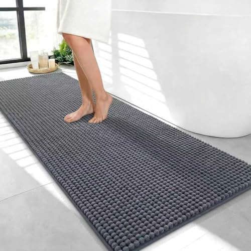Linruione Grey Bath Mat 50x120 cm Extra Long Non Slip, Large Long Bath | Mat Runner Chenille Bathroom Rug, Thick Super Absorbent Quick Dry Machine Washable for Bathroom Floor