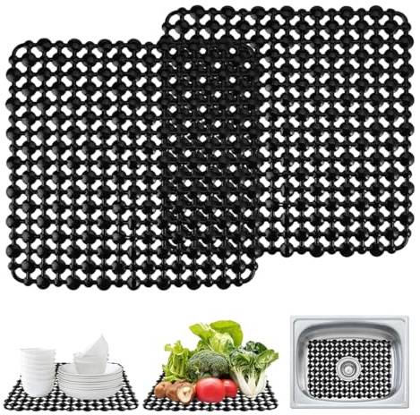 YAZWUR 2 Pezzi Tappetino Lavello Cucina Tagliabile, Tappetini per Lavello Cucina Antiscivolo e a Rapido Drenaggio per Piatti, Bicchieri, Verdure (28 x 28 cm) (Nero)