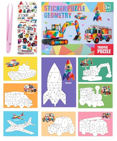 Självhäftande pussel, nummermosaik, 3D-självhäftande collage-kit - presentidé för resor skola hem flickor pojkar flygplan bil jul födelsedag