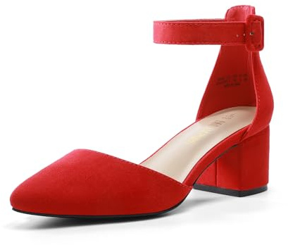 DREAM PAIRS Womens Low Mid Block Heels Mary Jane Ladies Ankle Strap Court Shoes Sandals Annee Red Suede Size 9 US/ 7 UK