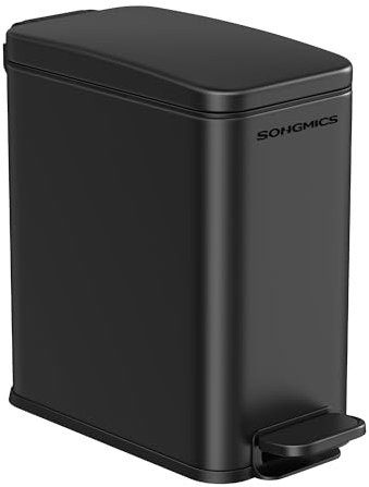 SONGMICS Kosmetikeimer, 5 Liter, Mülleimer Bad, mit Deckel, Tretmülleimer, Abfalleimer klein, schmal für kleine Räume, Stahl, Softclose, schwarz LTB560B05
